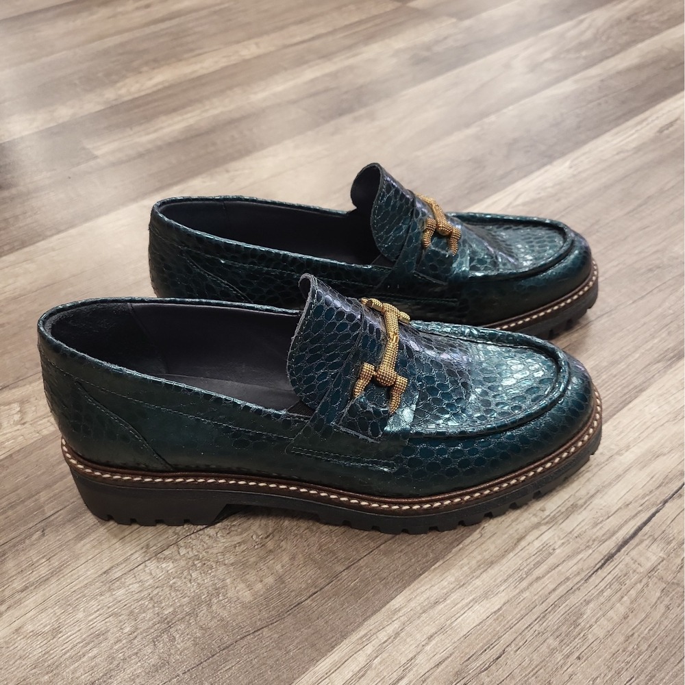 Eric Michael Sanibel Snakeskin Pattern Metallic Green Leather, Size 39